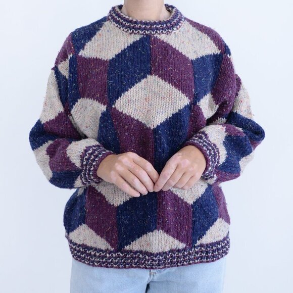 Taupe Purple Navy Argyle Gramacore Knit Crewneck Preppy Sweater M - Picture 2 of 11